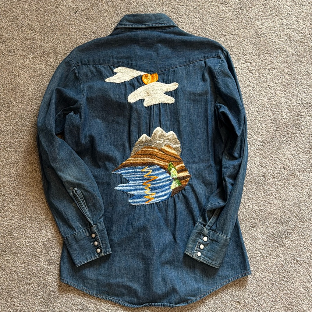 Triple Lll Brand Chambray Button Up With Back Embroidery